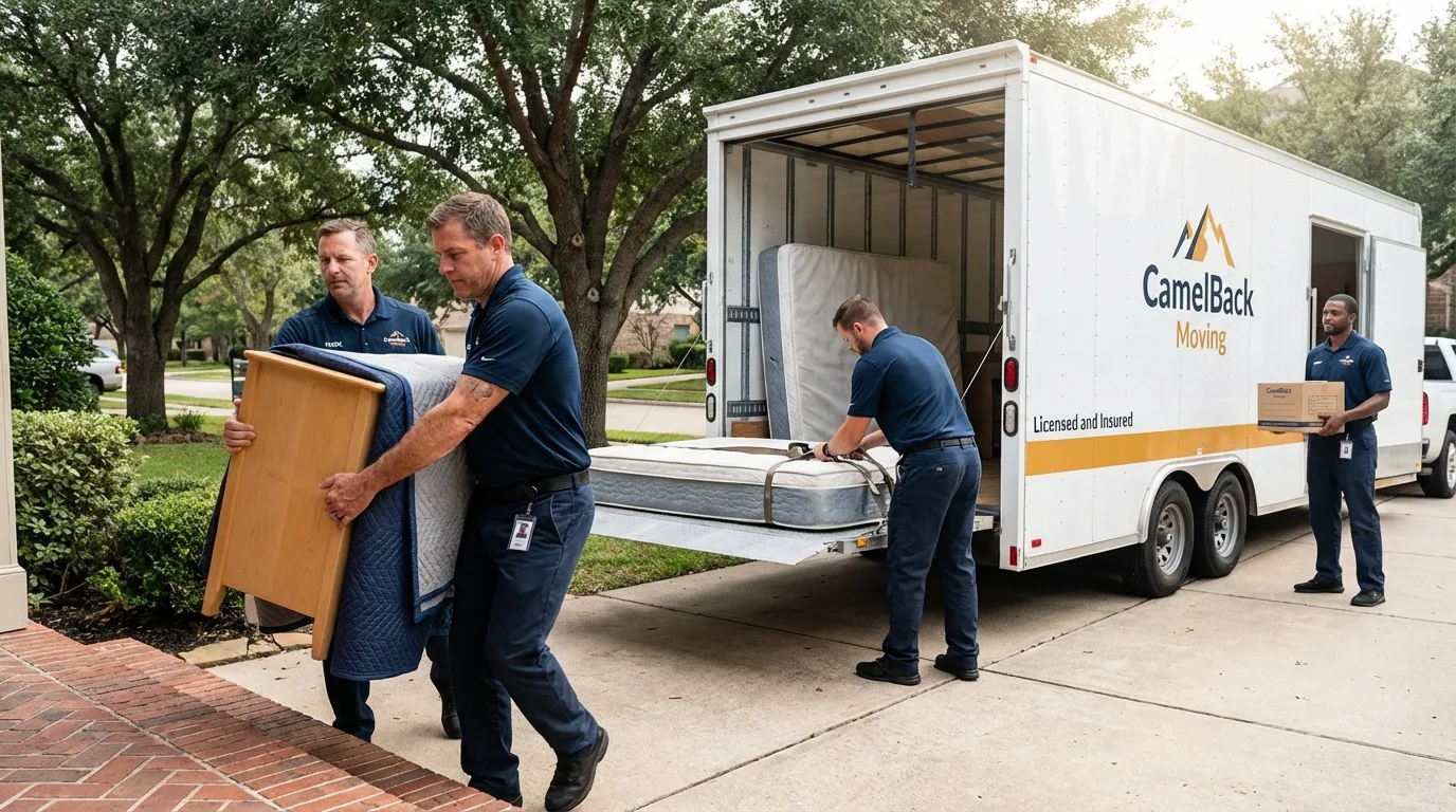 Crew loading residential truck for cross-state move from Kenedy, TX