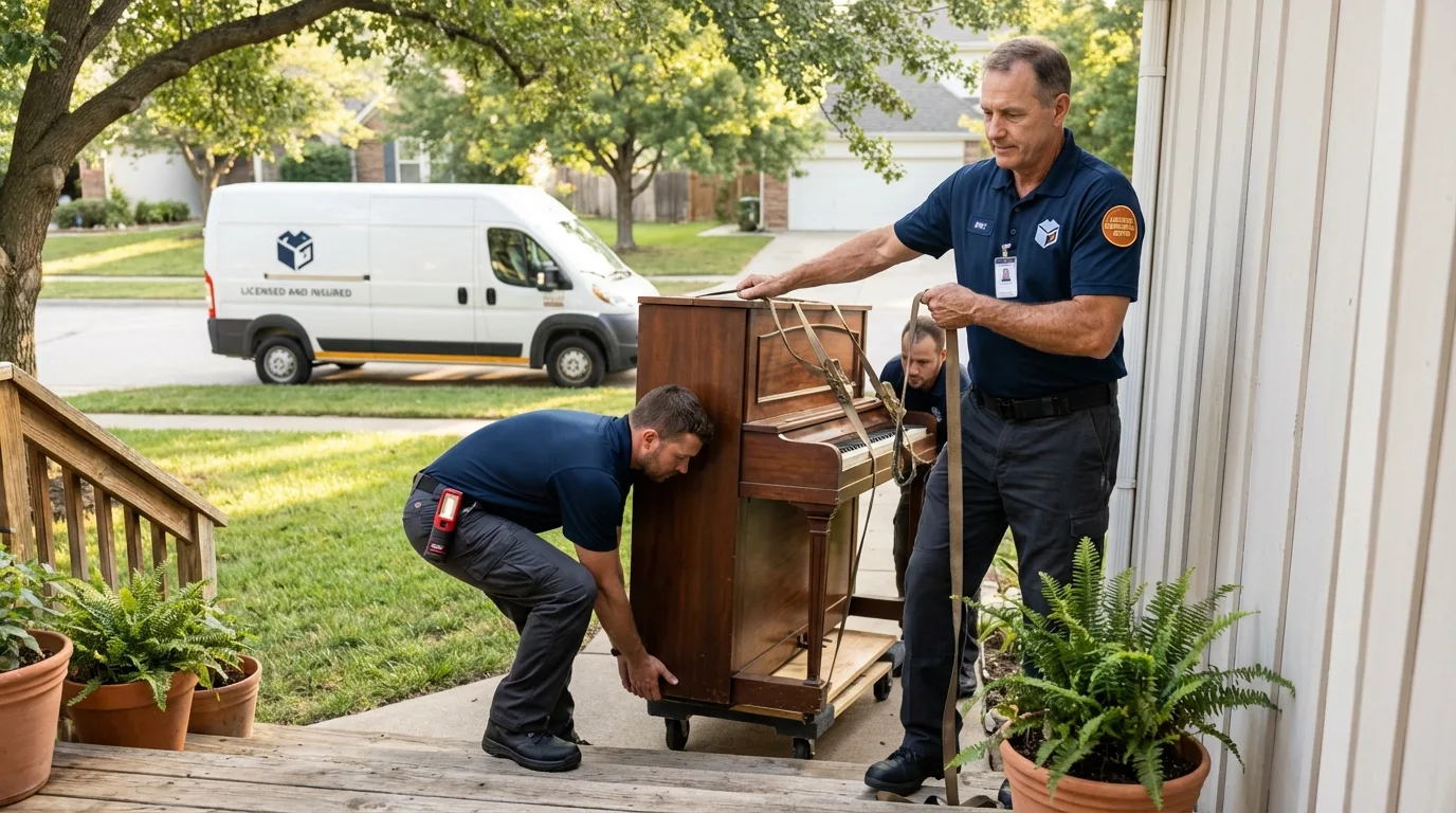 Licensed piano movers securing grand piano in Kenedy, TX
